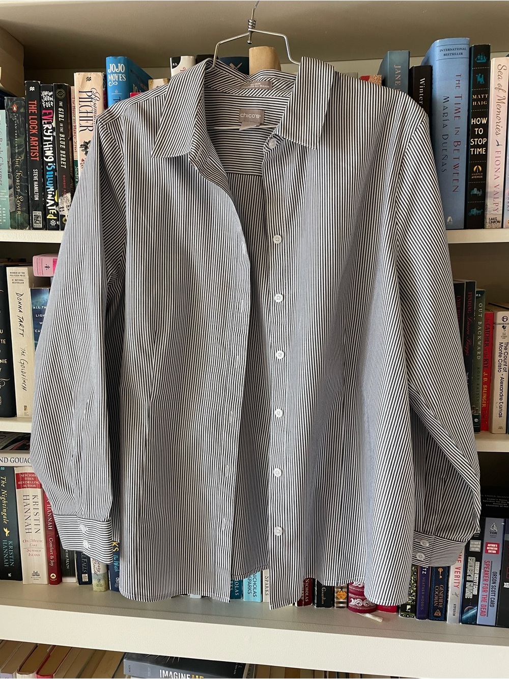 Chico’s gray stripe coolmax no iron button down minimalist top